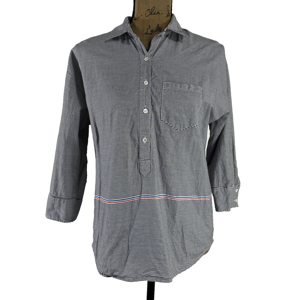 J.Crew Top 2 Orange Blue Stripe 100% Cotton 3/4 Sl Roll Tab Popover Button Shirt